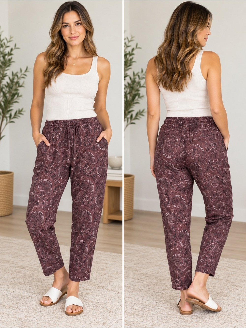 Zara Burgundy Paisley Relaxed Drawstring Tapered Pants Size L Boho Relaxed Fall